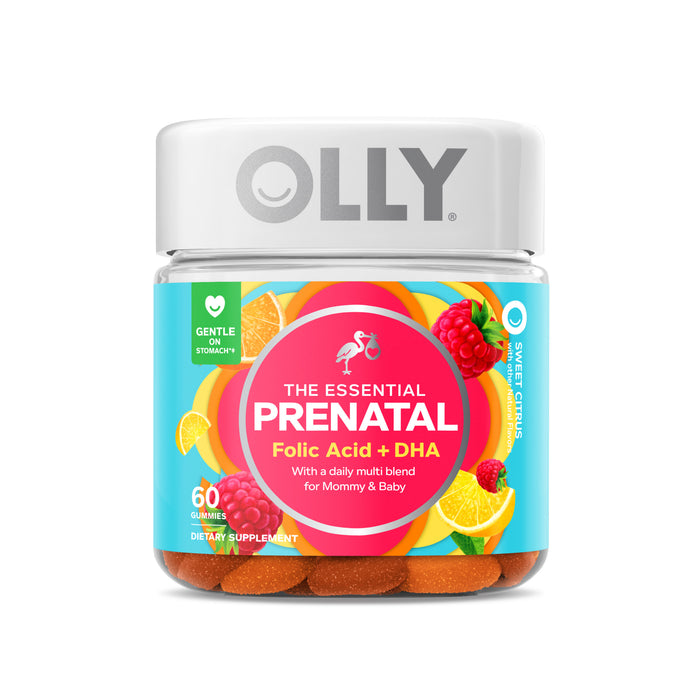 A jar of OLLY The Essential Prenatal Folic Acid + DHA gummies, featuring a colorful label with fruit images, and text indicating its a daily multivitamin blend for mommy and baby.