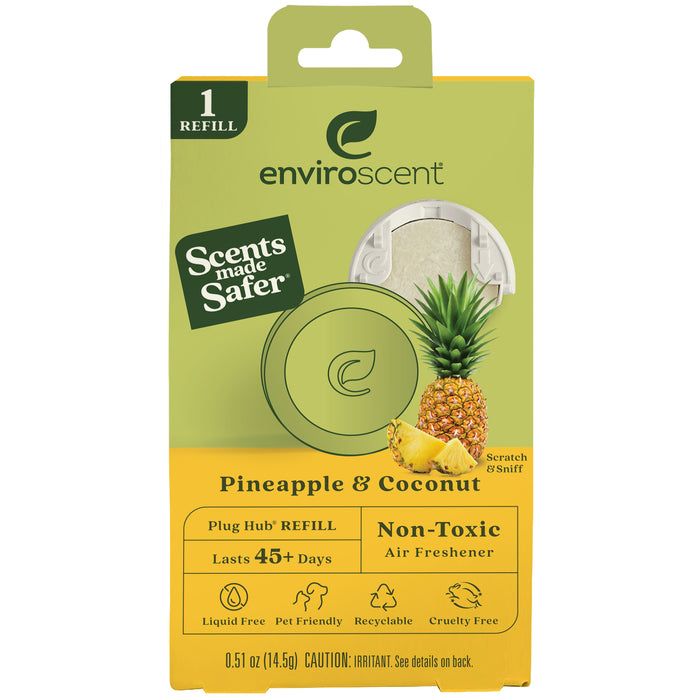 A package of Enviroscent Pineapple & Coconut plug hub refill. The packaging is yellow and green, stating it’s non-toxic, lasts 45+ days, liquid-free, pet-friendly, recyclable, and features a pineapple and coconut image.