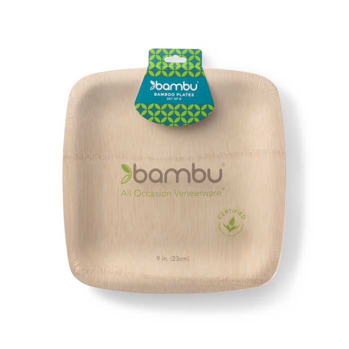 Square bamboo plate with a light wood texture, packaged with a green and blue label that reads, bambu Bamboo Plates Set of 4. The plate is labeled as All Occasion Veneerware and measures 9 inches (23 cm).