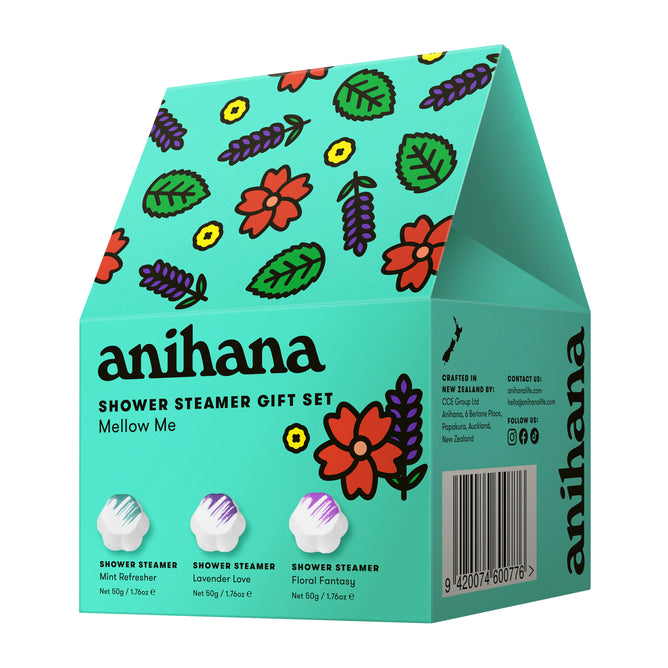 A turquoise Anihana shower steamer gift set box with colorful floral illustrations. The front displays three shower steamer scents: Mint Refresher, Lavender Love, and Floral Fantasy.
