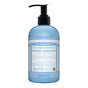 A bottle of Dr. Bronners Organic Sugar Soap, Baby Unscented 4-in-1, comes with a pump dispenser and light blue packaging featuring detailed white and blue labeling. It is cruelty-free and responsibly packaged to emphasize its eco-friendly commitment.