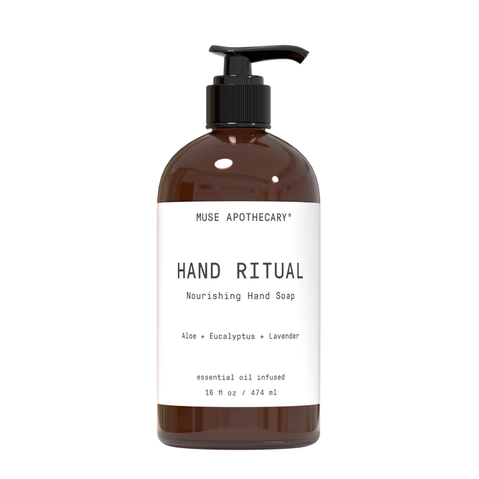 A brown plastic pump bottle labeled MUSE APOTHECARY HAND RITUAL Nourishing Hand Soap, Aloe + Eucalyptus + Lavender, essential oil infused, 16 fl oz / 474 ml.