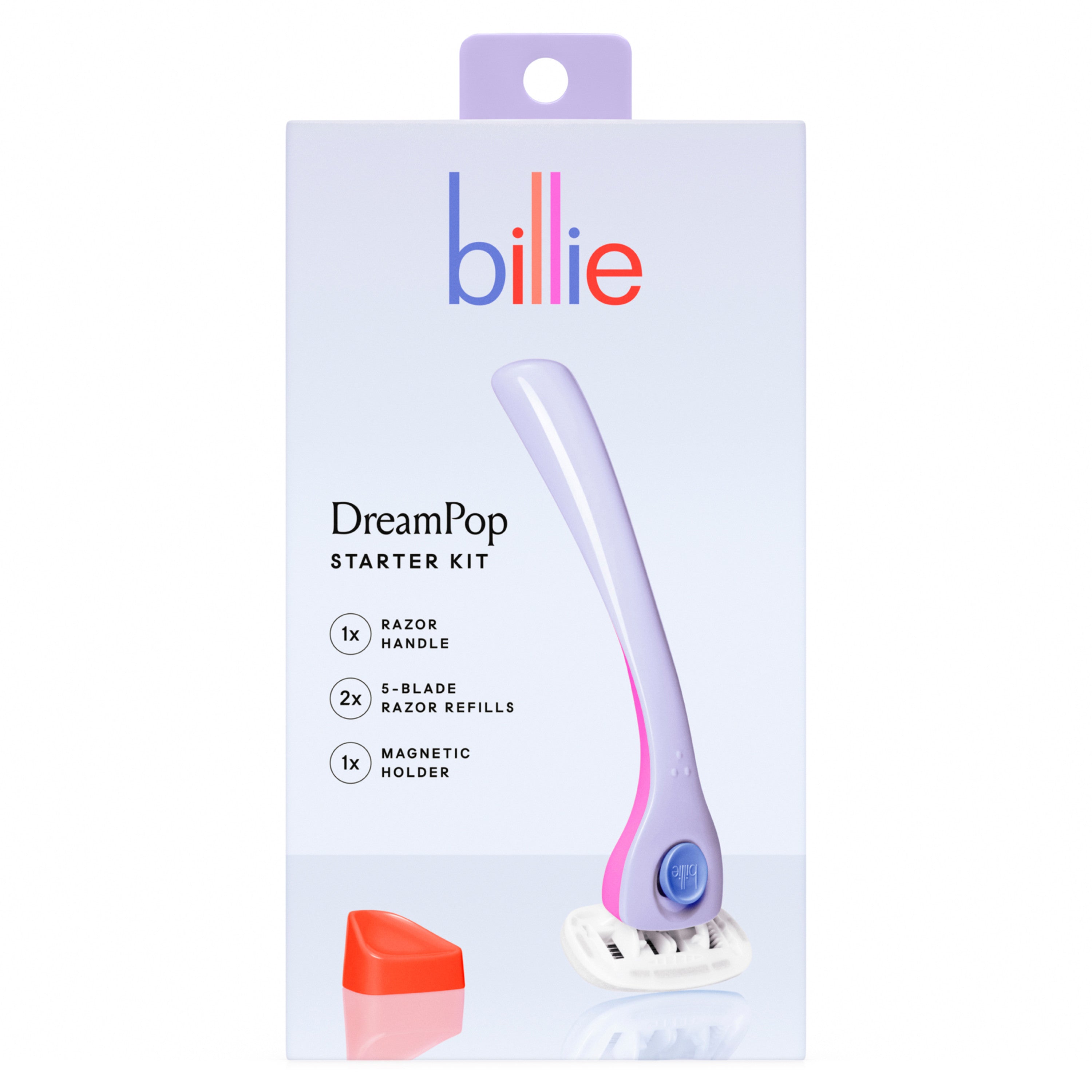 The image shows a Billie Women’s Razor Kit with an ergonomic pastel razor handle for a smooth shave, two 5-blade refills, and a magnetic holder. The pale packaging includes a purple hanging tag and colorful text.