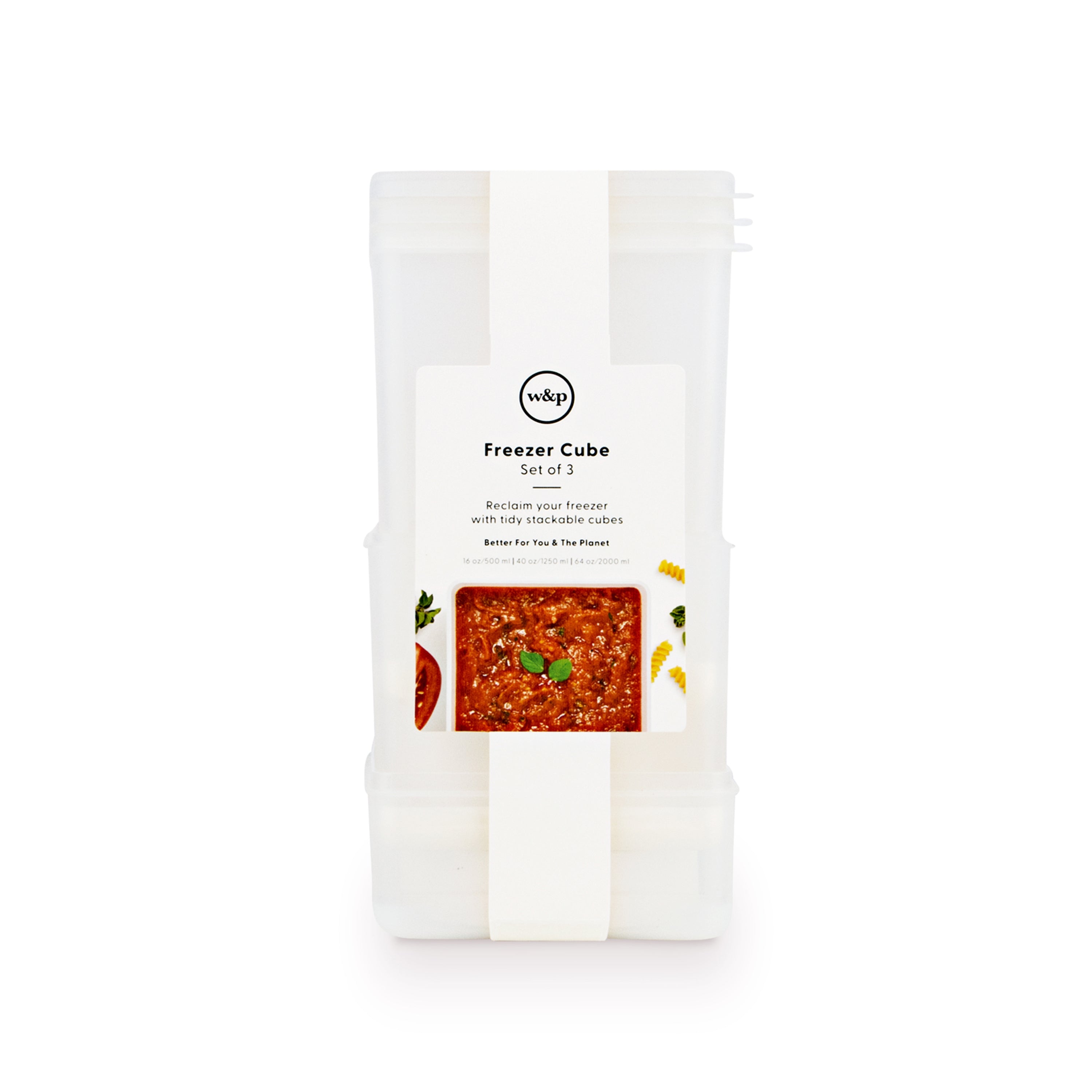 The W&P Freezer Cubes, in a set of three, are rectangular storage containers designed for freezing food. Stackable and sustainable, they feature an image of tomato-based sauce to emphasize practicality.