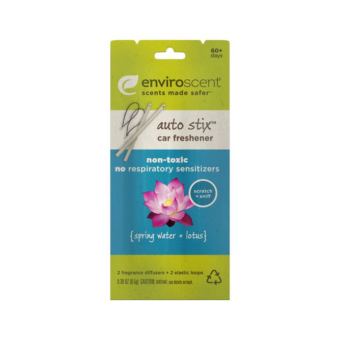 The Enviroscent Auto Air Freshener Stix in green and blue provide an eco-friendly spring water + lotus scent with a pink lotus flower. Theyre nontoxic, contain no respiratory sensitizers, and include two liquid-free fresheners plus elastic loops for easy use.