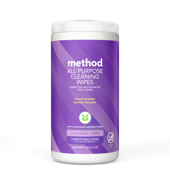 A cylindrical container of Method all-purpose cleaning wipes in French lavender scent, with a purple label highlighting compostable wipes and plant-based cleaning power.