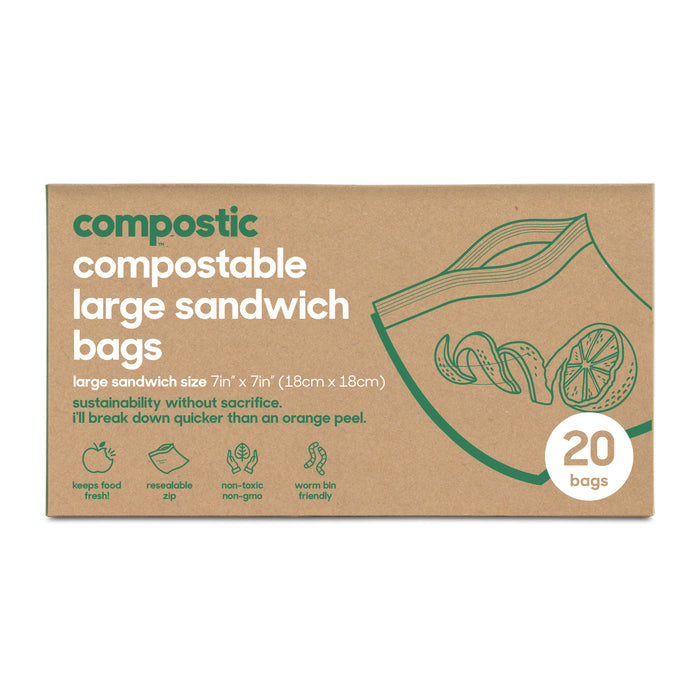 Compostic compostable large sandwich bags box. Brown packaging with green and white text, an illustration of a resealable bag with a sandwich inside, and a label indicating 20 bags included.