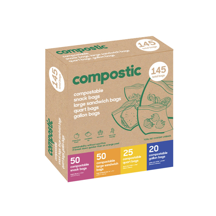 A brown box of Compostic compostable bags, labeled 145 total bags. The box lists 50 snack bags, 50 sandwich bags, 25 quart bags, and 20 gallon bags, with green and colorful accents and compost illustrations.