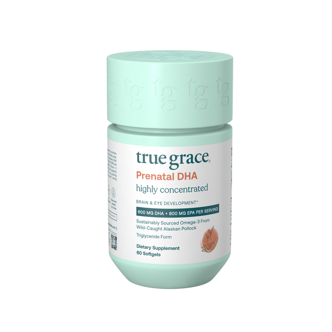 True Grace Prenatal DHA supplements come in a green bottle with 60 softgels, offering 800 mg DHA per serving from triglyceride form. Made from wild-caught Alaskan pollock, rich in Omega-3s, they support brain and eye development.