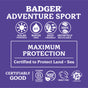 Purple graphic for Badger Balm Adventure Mineral Sunscreen Tin - SPF 50 highlights solar power, water-free, reef-friendly mineral sunscreen made with zinc oxide, and infinitely recyclable packaging. States: Certified to Protect Land + Sea, and includes eco-certification logos at the bottom.