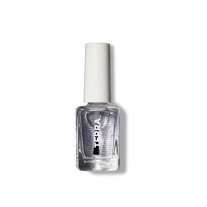 A clear glass bottle of TERRA nail polish with a white cap, photographed on a white background. The label on the bottle reads TERRA and VEGAN with other text below.