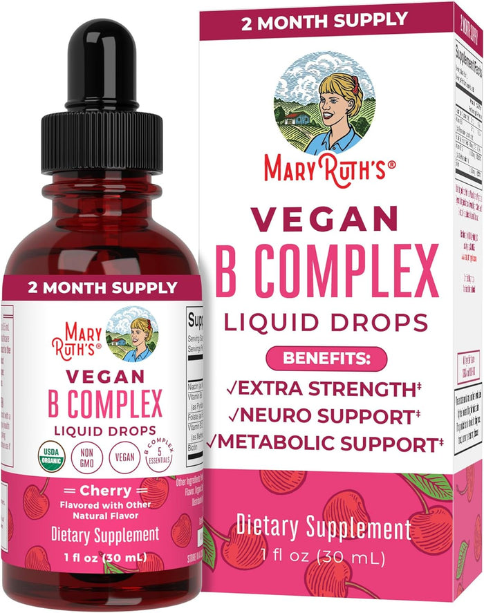 A bottle and box of MaryRuth’s Vegan B Complex Liquid Drops, cherry flavor, featuring labels highlighting extra strength, neuro support, and metabolic support. The products are labeled as vegan and USDA organic.