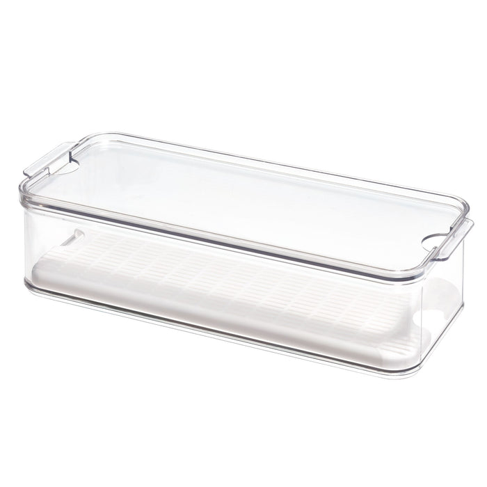 A clear rectangular plastic storage container with a fitted lid and a white removable tray inside, suitable for organizing or storing food items.