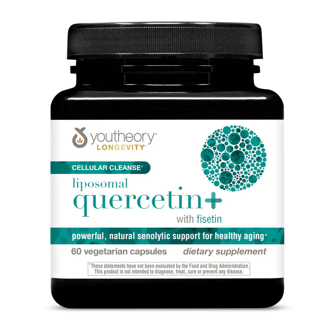 A black bottle labeled Youtheory Liposomal Quercetin + Fisetin Capsules, containing 60 vegetarian capsules, marketed as a dietary supplement for healthy aging and senolytic support.