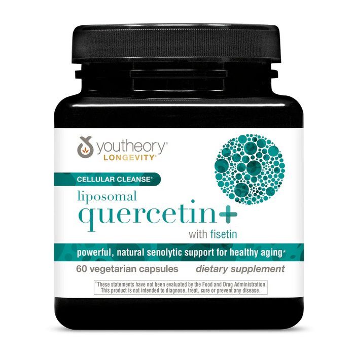 A black bottle labeled Youtheory Liposomal Quercetin + Fisetin Capsules, containing 60 vegetarian capsules, marketed as a dietary supplement for healthy aging and senolytic support.