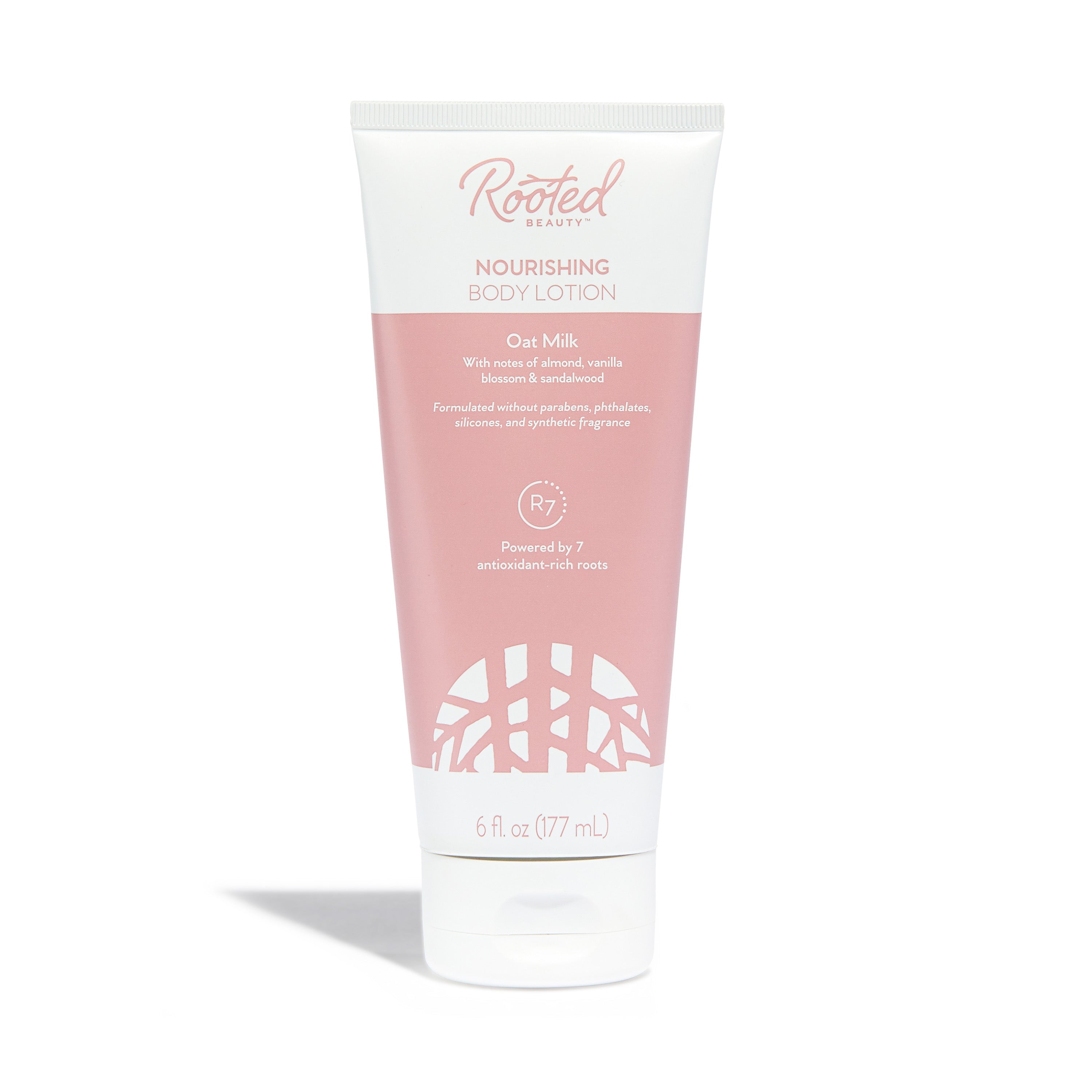 A white and pink tube of Rooted Beauty Nourishing Body Lotion, Oat Milk scent, 6 fl oz (177 mL), standing upright against a plain white background.