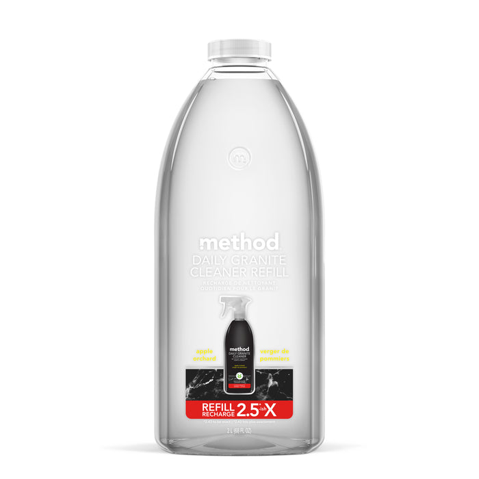 A clear plastic bottle of Method Daily Granite Cleaner Refill, apple orchard scent, showing a small image of the spray bottle on the label. The label highlights “refill” and “2.5X” in red and white text.
