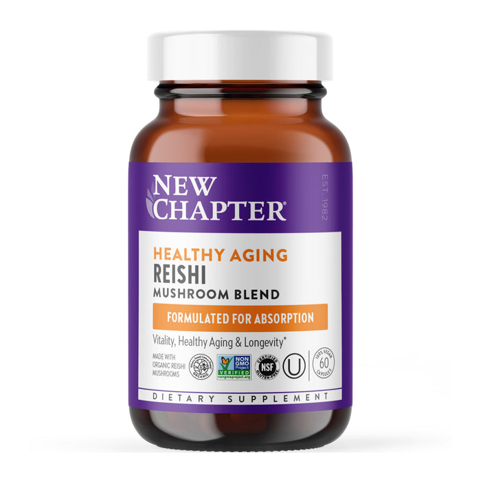 A brown bottle of New Chapter Healthy Aging Reishi Mushroom Blend dietary supplement, featuring a purple, white, and orange label with certifications and information about healthy aging and absorption.