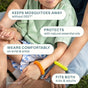 A child and an adult sit together outdoors, each wearing Cliganic Mosquito Repellent Bracelets featuring spiral designs on their wrists. Text highlights the features: DEET-free, infused with essential oils, comfortable to wear, and suitable for both kids and adults.