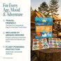 At a campsite, a family relaxes while displaying Cliganic Mosquito Repellent Patches – Essential Oil Infused, along with several colorful animal stickers. Text highlights travel-friendliness, unique animal designs, and plant-powered protection for the whole family.
