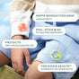 A person’s hand and knee display vibrant Cliganic Mosquito Repellent Patches - Essential Oil Infused attached to their clothing. Text emphasizes that these patches are DEET-free, safe for both kids and adults, easy to use, and made with natural essential oils. Experience convenient, DEET-free mosquito protection for the entire family with Cliganic's essential oil infused patches.