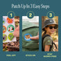1. Peel off a Cliganic Mosquito Repellent Patch—these essential oil-infused stickers feature cute animal designs. 2. Stick it onto a green backpack. 3. A child outdoors wears the backpack with a fun animal patch, smiling in sunglasses and a hat, enjoying DEET-free protection from Cliganic's natural mosquito repellent patches. Text: Patch Up in 3 Easy Steps.