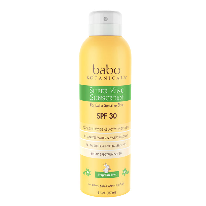 A yellow and white bottle of Babo Botanicals Sheer Zinc Sunscreen SPF 30, labeled for extra sensitive skin, fragrance-free, water and sweat resistant, ultra-sheer, and hypoallergenic. 6 fl. oz. size.