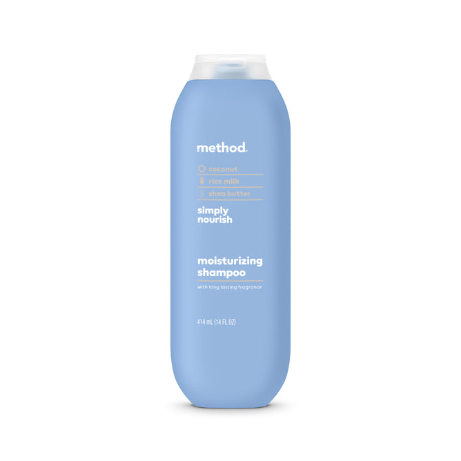 A blue bottle of method Simply Nourish Shampoo, Conditioner & Body Wash Starter Set with coconut, rice milk, and shea butter. The bottle has white and beige text plus a translucent flip-top cap.