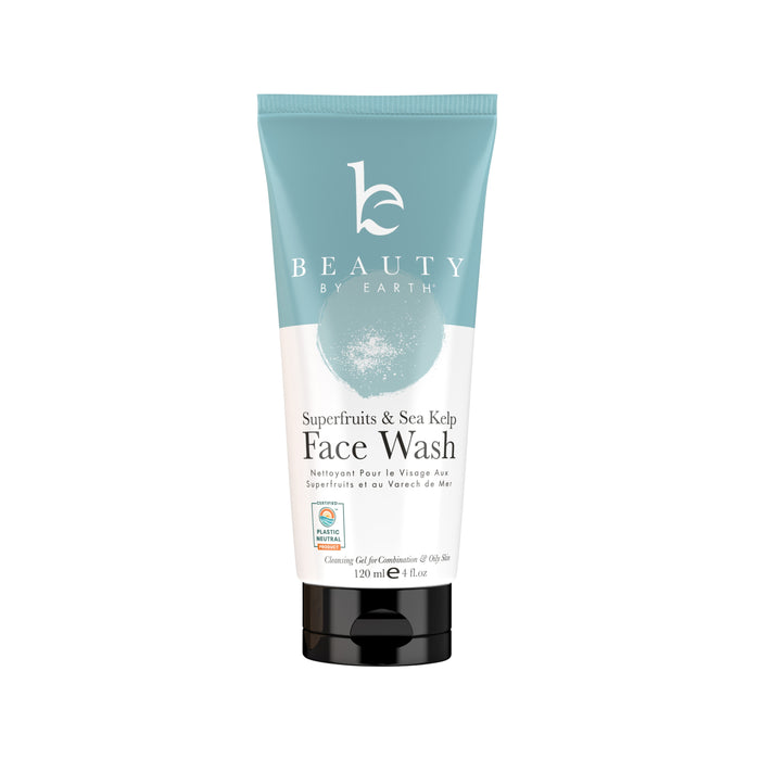 A tube of Beauty by Earth Superfruits & Sea Kelp Face Wash, 120 ml (4 fl oz), with a blue and white label, featuring brand logo, product name, and key ingredients on the front.