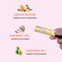 A hand holds a lip balm labeled Orange Butter Spread. Above are images of cocoa butter, coconut, and avocado, each with text: Cocoa butter—softens and moisturizes, Coconut oil—soothes and heals, and Avocado oil—repairs and protects.