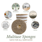 A stack of brown, oval Scrub Be Love dish sponges (6-pack) is shown with labeled images for windows, counters, bathroom, sinks, dishes, and stove. Text reads: Oval Dish Sponge - Safe for All Surfaces!.
