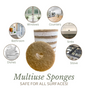 At the center are Scrub Be Love Round Heart Dish Sponges (4-Pack), eco-friendly in brown and white. Surrounding images show uses: windows, counters, bathroom, sinks, dishes, and stove. Text: Multiuse Sponges—Safe for All Surfaces!.