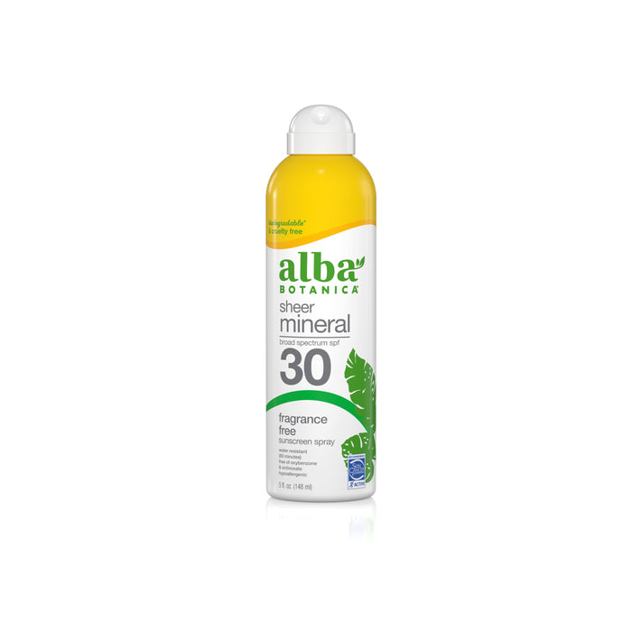 A can of Alba Botanica Sheer Mineral sunscreen spray, SPF 30, fragrance free, with a yellow and white design and a green leaf graphic on the label.