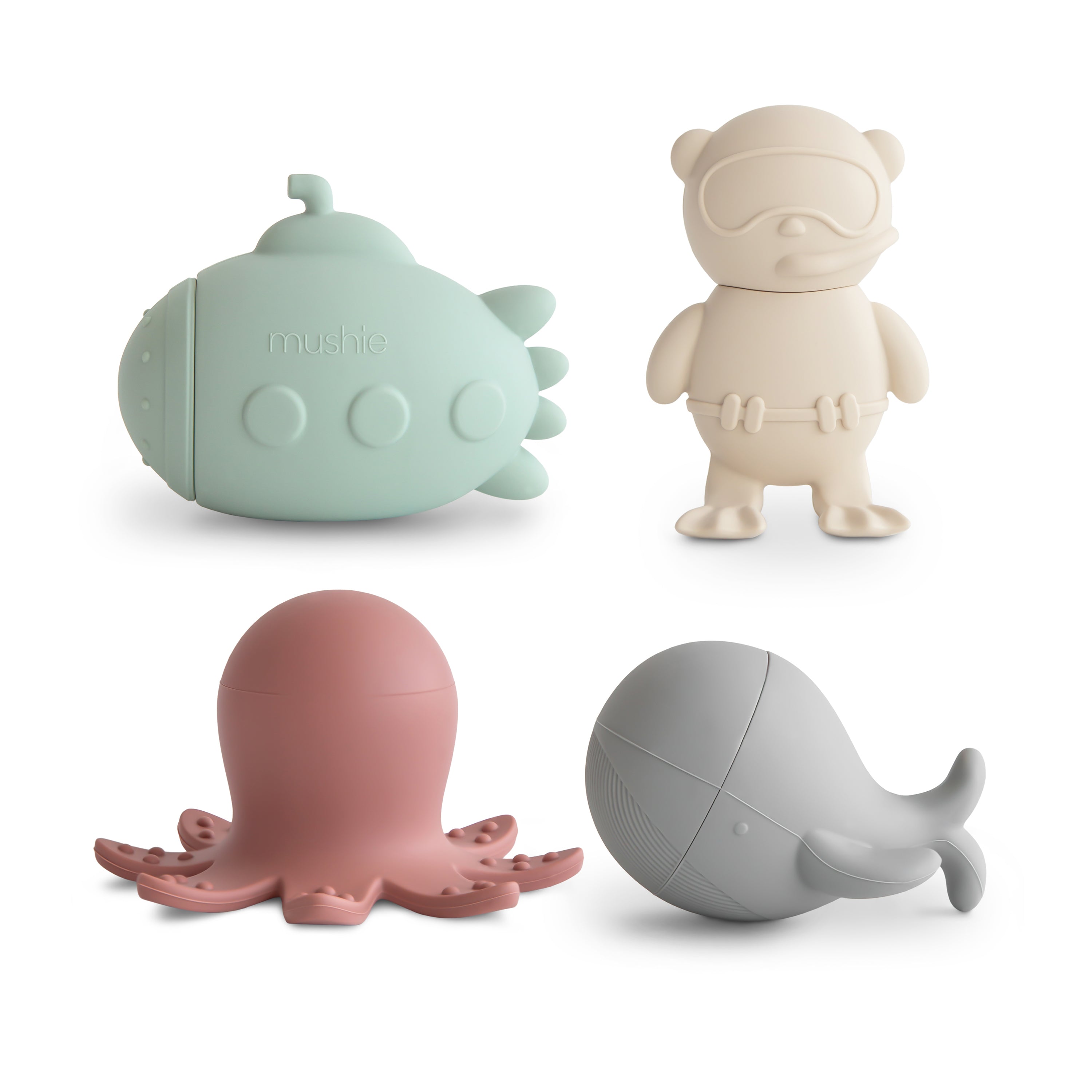 The mushie Sealife Mold-Free Bath Toy Set includes four food-grade silicone bath toys—a mint green submarine, beige diver, pink octopus, and gray whale—with simple shapes for safe, playful fun. All are arranged against a white background.