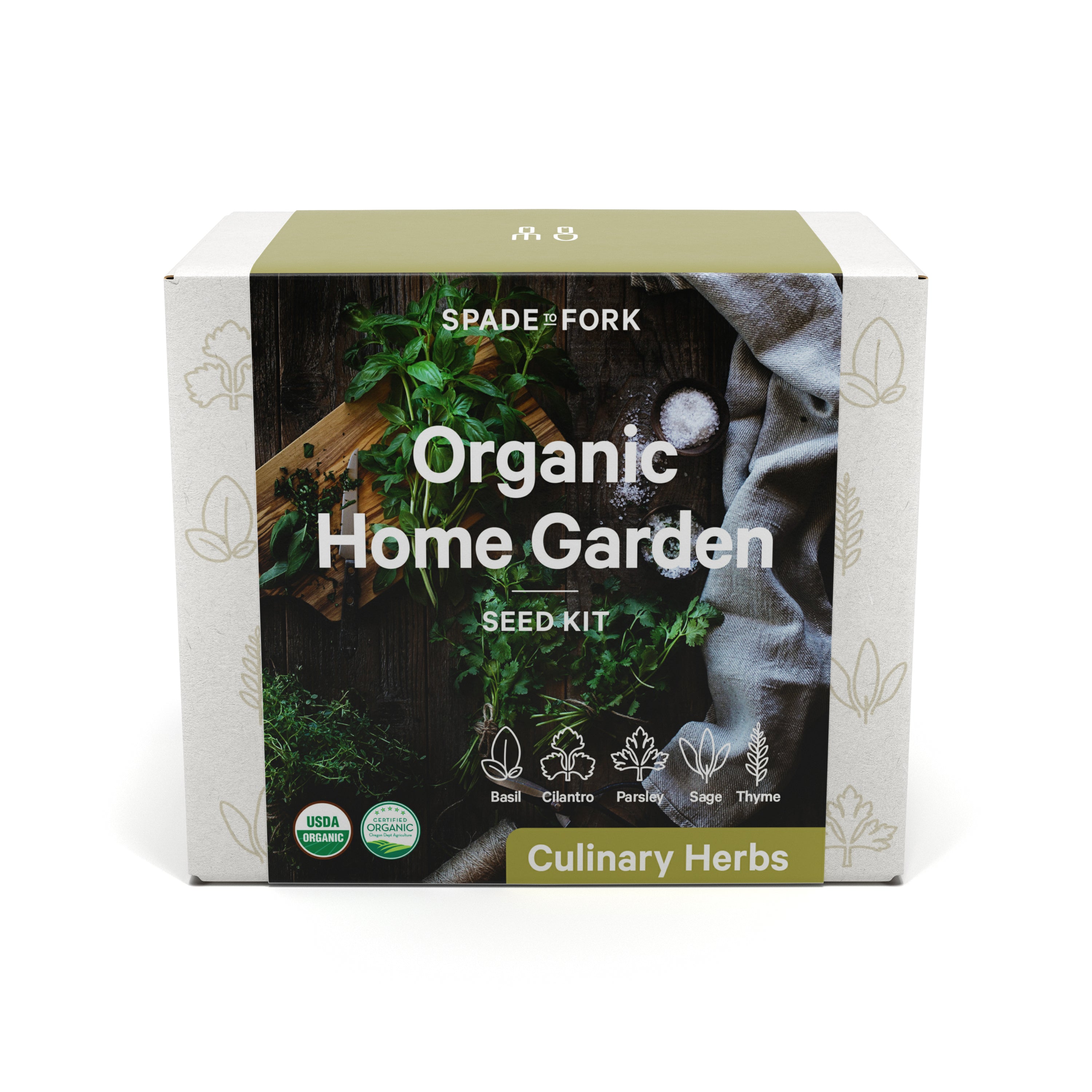 Spade to Forks Organic Culinary Herbs Kit includes basil, cilantro, parsley, sage, and thyme seeds. The earthy design showcases the organic certification.