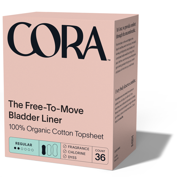 A pink box of Cora Free-To-Move Bladder Liners with 100% organic cotton topsheet; the box contains 36 regular liners and is labeled as free of fragrance, chlorine, and dyes.