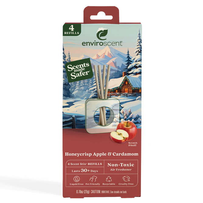 Packaging for Enviroscent Honeycrisp Apple & Cardamom air freshener refills, featuring an apple and mountain illustration, and text highlighting non-toxic, pet friendly, recyclable, and 30+ days of use.