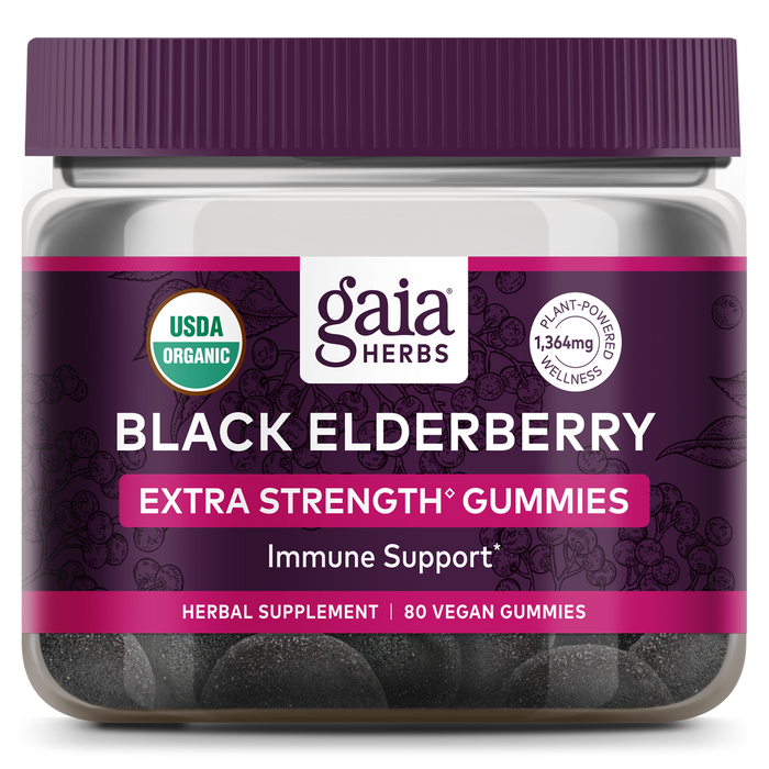 A container of Gaia Herbs Black Elderberry Extra Strength Gummies, labeled as USDA Organic and for immune support. The jar contains 80 vegan gummies and has a purple lid and label with herbal illustrations.