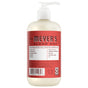 A pump bottle of Mrs. Meyer's Hand Soap features a red label, garden-inspired scents, essential oils, olive oil, and is made without parabens, phthalates, MEA, DEA, or artificial colors.