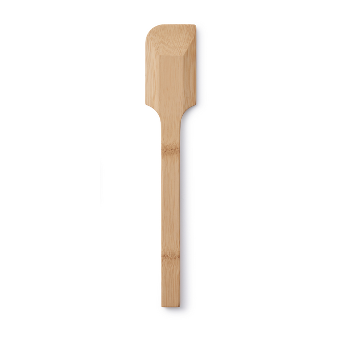 A wooden spatula with a straight handle and a rectangular, slightly curved edge, placed on a white background.