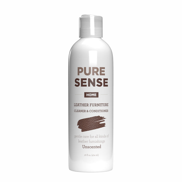 A white bottle labeled Pure Sense Home Leather Furniture Cleaner & Conditioner with text indicating it is unscented and provides gentle care for leather furnishings. The bottle has a flip-top cap.
