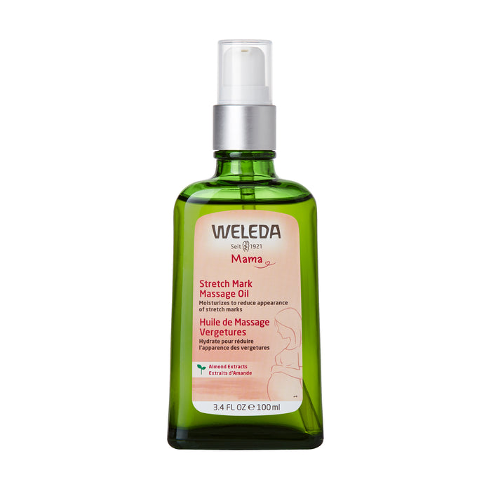 A green glass bottle of Weleda Stretch Mark Massage Oil with a white pump dispenser and a pink label, containing 100ml (3.4 fl oz) of product. The label highlights almond extract and use for stretch marks.