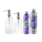 The Hand & Dish Soap Starter Set by Grove Co. includes four bottles: two transparent pump dispensers and two metallic refill bottles, labeled Dish Soap Refill and Hydrating Hand Soap, featuring purple and green botanical designs capturing the essence of Grove soaps.