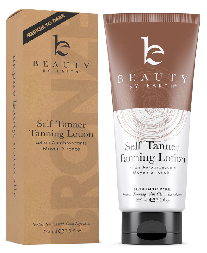 A brown and white tube of Beauty by Earth Self Tanner Tanning Lotion stands beside its matching box, both labeled Medium to Dark and featuring 222 ml (7.5 fl. oz.) capacity.