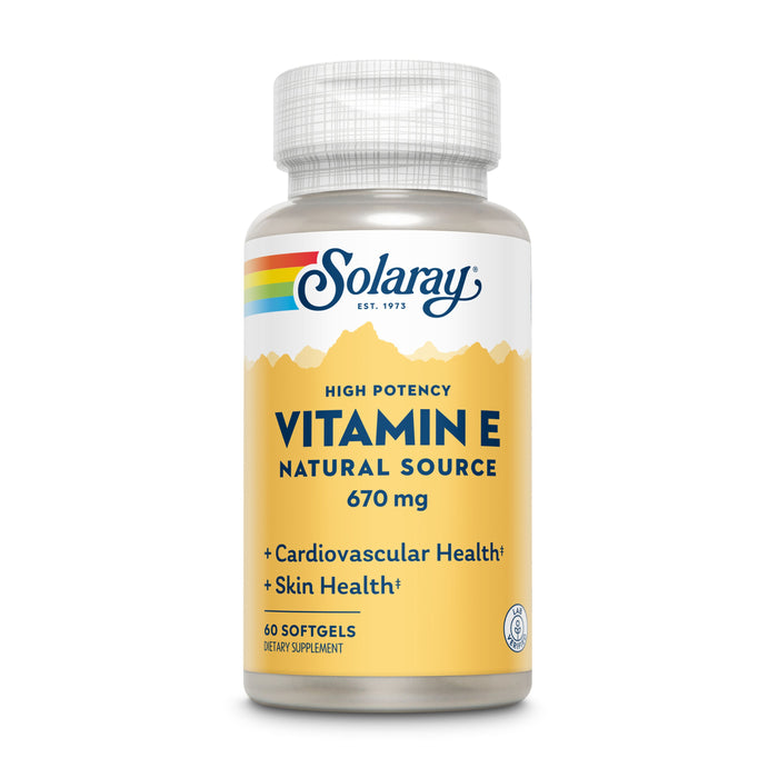 A bottle of Solaray High Potency Vitamin E Natural Source 670 mg softgels, promoting cardiovascular and skin health. The label features a rainbow design and states there are 60 softgels in the container.