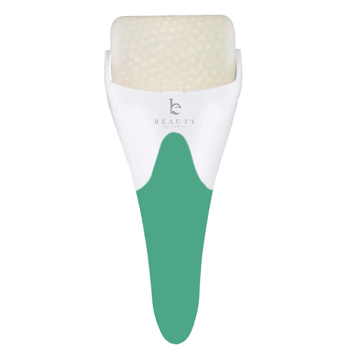 A white and green handheld ice roller with a textured roller head, labeled “BEAUTY” on the front, designed for facial massage and skincare.