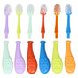 The Big Kidz® Forever Brush™ by Radius features ten vibrant toothbrushes with removable heads and bio-based bristles. Arranged in two rows, they have textured grips in teal, lavender, red, blue, yellow, and orange handles. Their slim necks hold white or orange bristles for efficient cleaning.