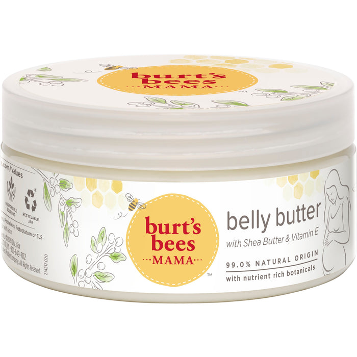 A round container of Burt’s Bees Mama Belly Butter with Shea Butter and Vitamin E, featuring a yellow label, botanical illustrations, and text highlighting it as 99.0% natural origin with nutrient-rich botanicals.