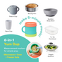 Infographic showing a 6-in-1 Yum Cup with measurement markers for easy prep, surrounded by labeled images: snack cup, open cup, baking pan, suction baby bowl, to-go container, and veggie steamer. Microwave, oven, and freezer safe.