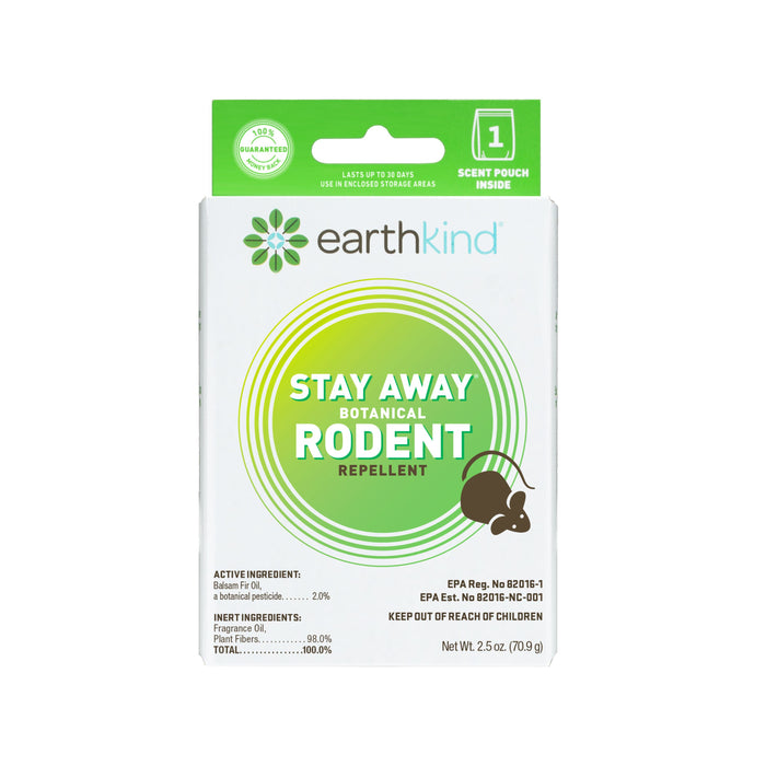 Front view of a box of earthkind Stay Away Botanical Rodent Repellent, showing green and white packaging with product information, a mouse illustration, and a label indicating a scent pouch is included.